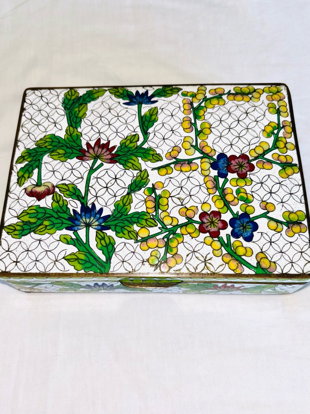 Vintage Chinese Cloisonné Box Blue Enamel Trinket Jewelry China Floral Footed